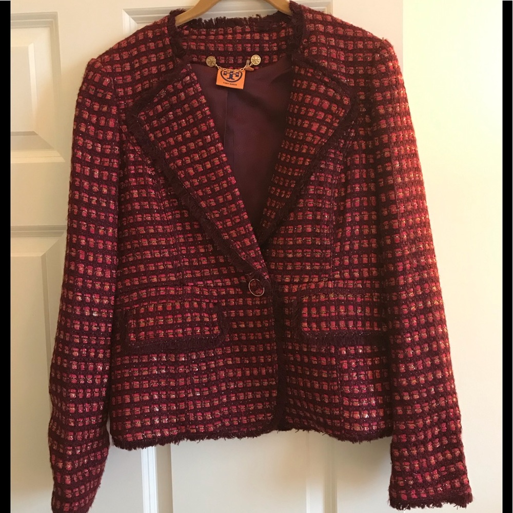 Tory Burch Red and Purple Tweed Blazer